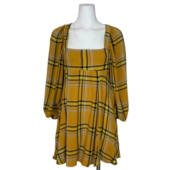 Urban Outfitters UO Lachlan Flannel Smocked Mini Dress S Yellow Motif Plaid - Picture 1 of 11
